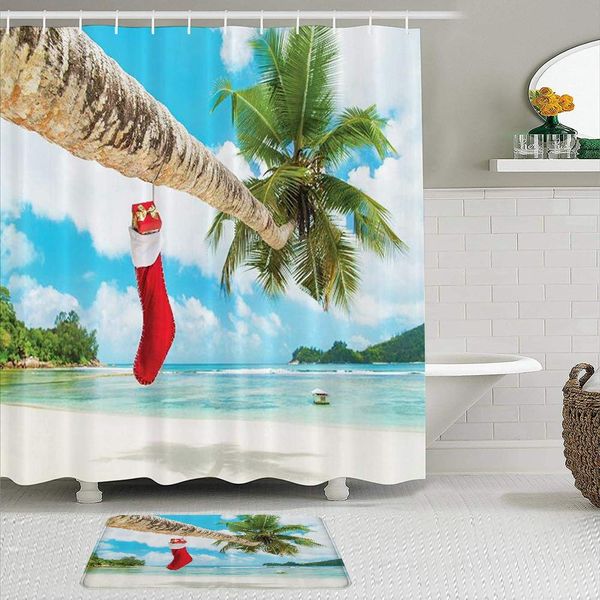 fabric shower curtain and mats set,christmas sock on the palm tree on tropical sandy beach island maldives festive
fabric shower curtain and mats set,christmas sock on the palm tree on tropical sandy beach island maldives festive