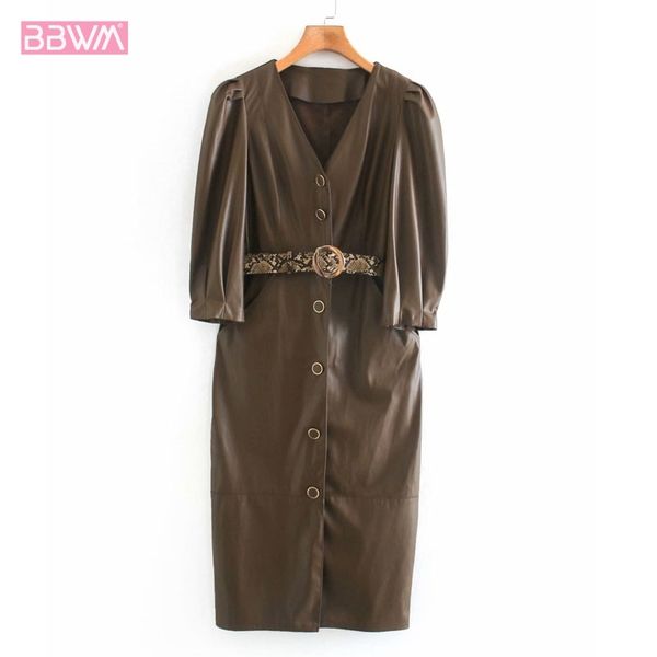 with belt faux leather v-neck sleeves women's dress vintage temperament button decoration chic female midi skirt 210507, Black;gray
with belt faux leather v-neck sleeves women's dress vintage temperament button decoration chic female midi skirt 210507, Black;gray