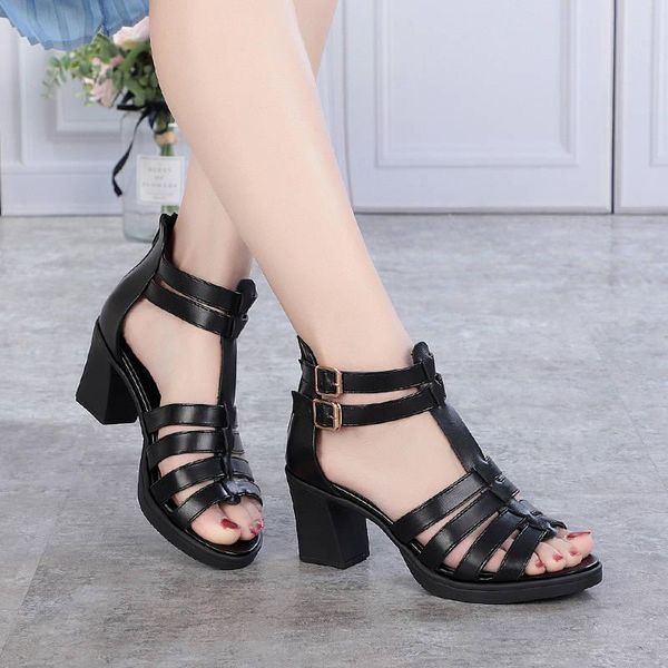 women summer pu leather sandals square high heels female gladiator rome shoes woman cover heel ladies, Black
women summer pu leather sandals square high heels female gladiator rome shoes woman cover heel ladies, Black