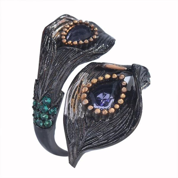 cluster rings pofunuo fashion gothic style black gold color calla lily leaf bicolor ring purple zircon wedding for women jewelry, Golden;silver 
cluster rings pofunuo fashion gothic style black gold color calla lily leaf bicolor ring purple zircon wedding for women jewelry, Golden;silver