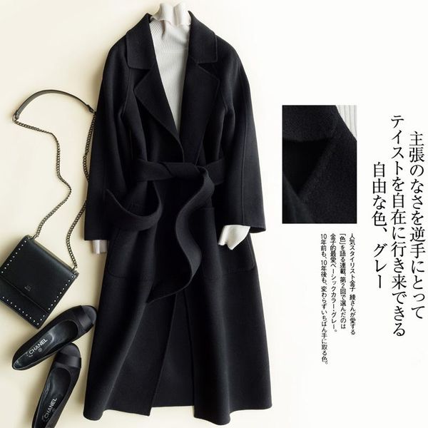 women's wool & blends overcoat handmade double-sided over knee suit collar medium length woolen coat, Black 
women's wool & blends overcoat handmade double-sided over knee suit collar medium length woolen coat, Black