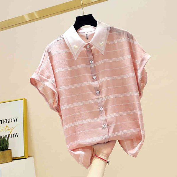 shirt vintage pink shirts summer contrast striped double-layer chiffon short batwing sleeve blusas, White
shirt vintage pink shirts summer contrast striped double-layer chiffon short batwing sleeve blusas, White