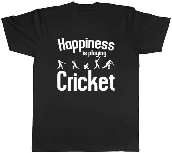 Happiness is Playing Cricket Mens Unisex T-Shirt Tee, White;black 
Happiness is Playing Cricket Mens Unisex T-Shirt Tee, White;black