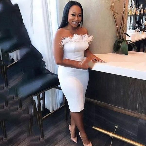white cocktail dresses strapless knee length feather short sheath prom party gowns vestidos de cóctel, Black
white cocktail dresses strapless knee length feather short sheath prom party gowns vestidos de cóctel, Black