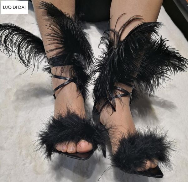 women feather sandals wedding shoes soft fur open toe gladiator lace up high heels party dress, Black
women feather sandals wedding shoes soft fur open toe gladiator lace up high heels party dress, Black