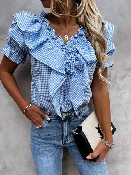 women's blouses & shirts ruffled v-neck plaid blouse puff short sleeve femlae irregular folds 2021 summer lady sweet fashion, White
women's blouses & shirts ruffled v-neck plaid blouse puff short sleeve femlae irregular folds 2021 summer lady sweet fashion, White