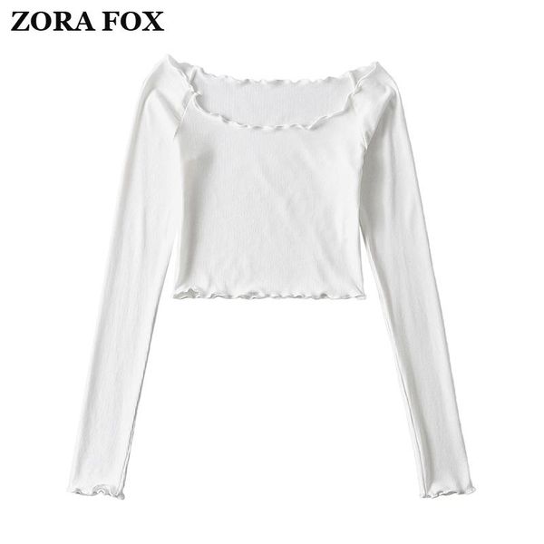 women's t-shirt zora woman frilly with long sleeve o-neck solid color navel exposed elegant women summer chic short skinny shirts, White
women's t-shirt zora woman frilly with long sleeve o-neck solid color navel exposed elegant women summer chic short skinny shirts, White