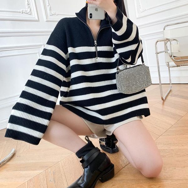 women's sweaters 2021 autumn winter women stripe sweater stand collar zipper long sleeve loose warm pullovers fashion casual knitted, White;black
women's sweaters 2021 autumn winter women stripe sweater stand collar zipper long sleeve loose warm pullovers fashion casual knitted, White;black