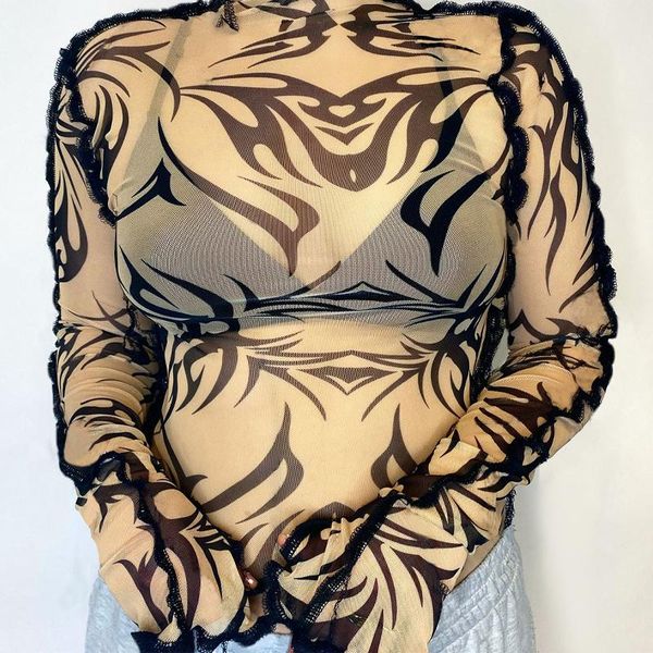 women's t-shirt women casual see-through t-shirt, apricot printing pattern turtleneck long sleeve, White
women's t-shirt women casual see-through t-shirt, apricot printing pattern turtleneck long sleeve, White