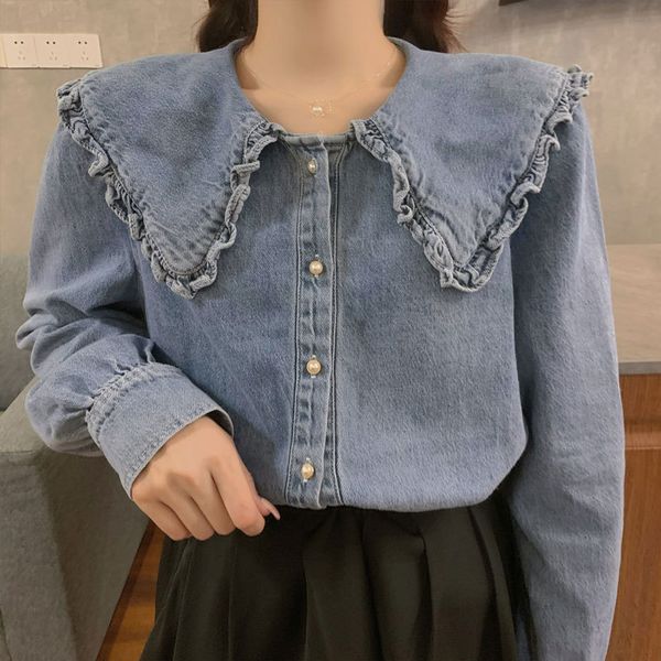 women's blouses & shirts arrival spring autumn preppy style women long sleeve loose denim peter pan collar ruffles cute blouse plu, White
women's blouses & shirts arrival spring autumn preppy style women long sleeve loose denim peter pan collar ruffles cute blouse plu, White