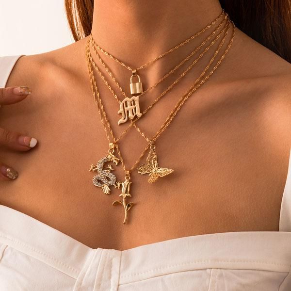 pendant necklaces s2074 fashion jewelry multi layer lock rose butterfly dragon chain necklace, Silver
pendant necklaces s2074 fashion jewelry multi layer lock rose butterfly dragon chain necklace, Silver
