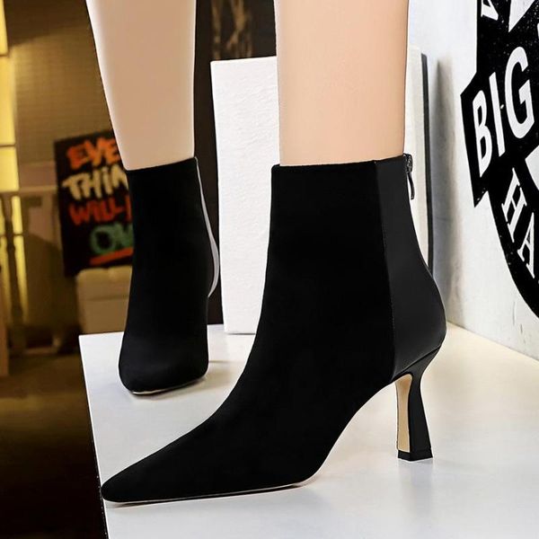 sleek minimalist wine glasses with high-heeled nightclubs thin pointed suede stitching women's boots, Black
sleek minimalist wine glasses with high-heeled nightclubs thin pointed suede stitching women's boots, Black