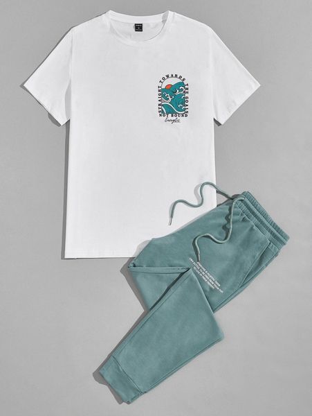 men wave and slogan graphic tee & drawstring waist sweatpants n1s8#, Gray
men wave and slogan graphic tee & drawstring waist sweatpants n1s8#, Gray