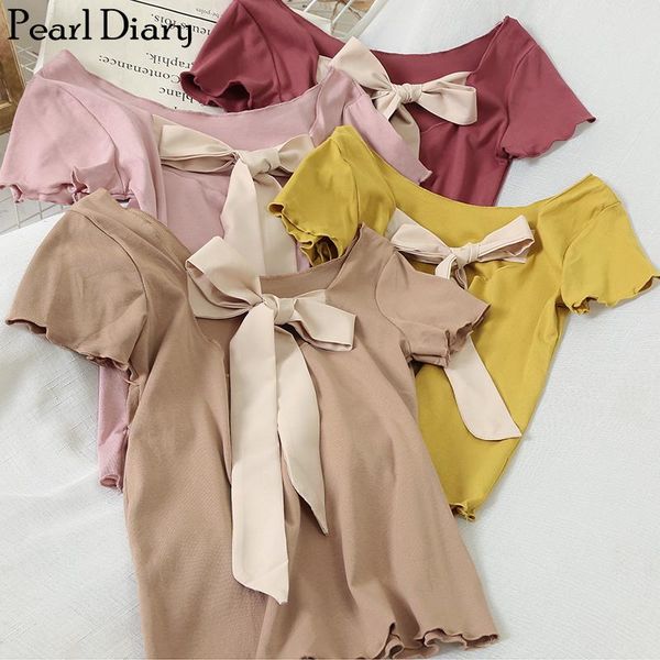 women's t-shirt pearl diary knit bow tie tshirt plain casual with summer short sleeve femme cotton tee streetwear going out, White
women's t-shirt pearl diary knit bow tie tshirt plain casual with summer short sleeve femme cotton tee streetwear going out, White