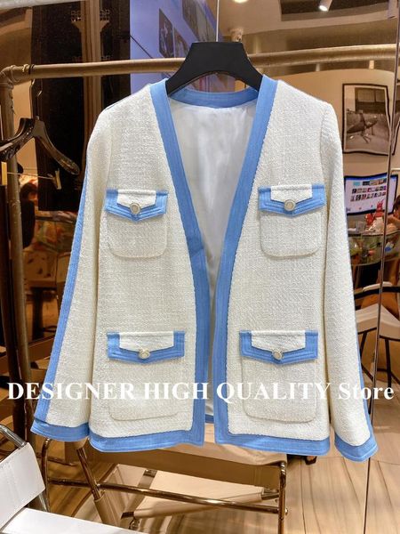 women's wool & blends 2021 autumn high-end beige tweed jacket with blue edging stripes v-neck four pockets buttons retro designer coat, Black
women's wool & blends 2021 autumn high-end beige tweed jacket with blue edging stripes v-neck four pockets buttons retro designer coat, Black
