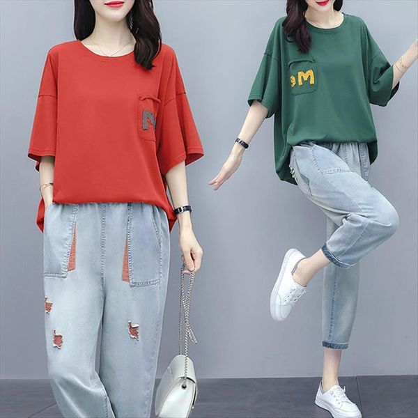 summer large size two piece womenpant set round neck pullover elastic waist ripped seven point jeans female fashion suit, White
summer large size two piece womenpant set round neck pullover elastic waist ripped seven point jeans female fashion suit, White