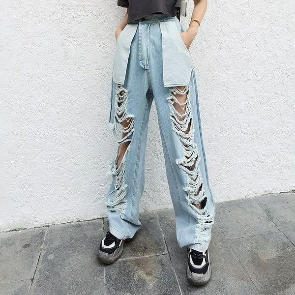 women's jeans korean hole high waist mop pants droop personality casual beggars boyfriend for women, Blue
women's jeans korean hole high waist mop pants droop personality casual beggars boyfriend for women, Blue
