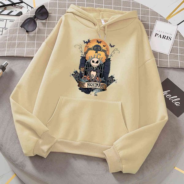 nightmare before christmas print womens pullover creativity loose hoodie casual crewneck sweatshirt harajuku fleece female hoody y1118, Black