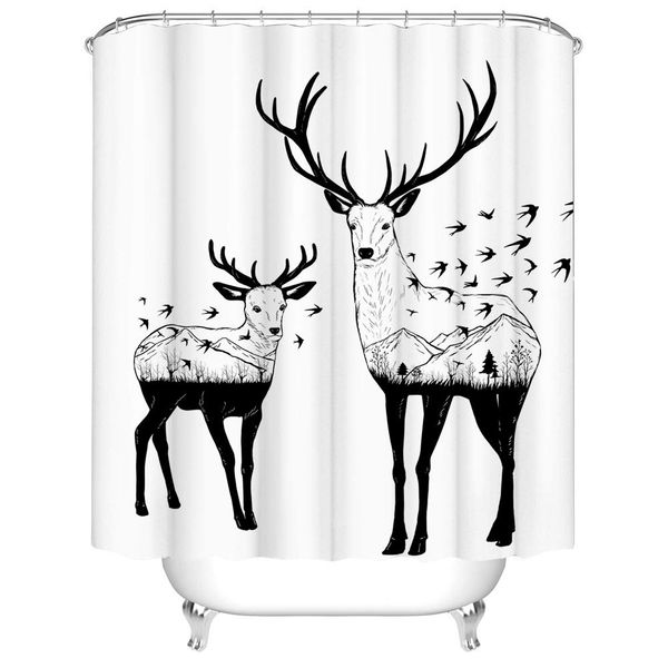 black and white animal shower curtain creative mom and baby deer silhouette with pine forest and birds art print polyester
black and white animal shower curtain creative mom and baby deer silhouette with pine forest and birds art print polyester