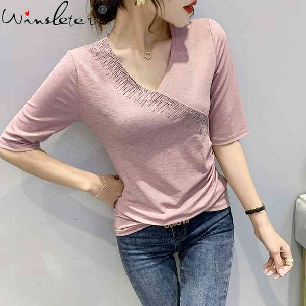 women's t-shirt summer european style solid fashion v-neck shiny diamonds drape women half sleeve all match tees t16204a, White
women's t-shirt summer european style solid fashion v-neck shiny diamonds drape women half sleeve all match tees t16204a, White