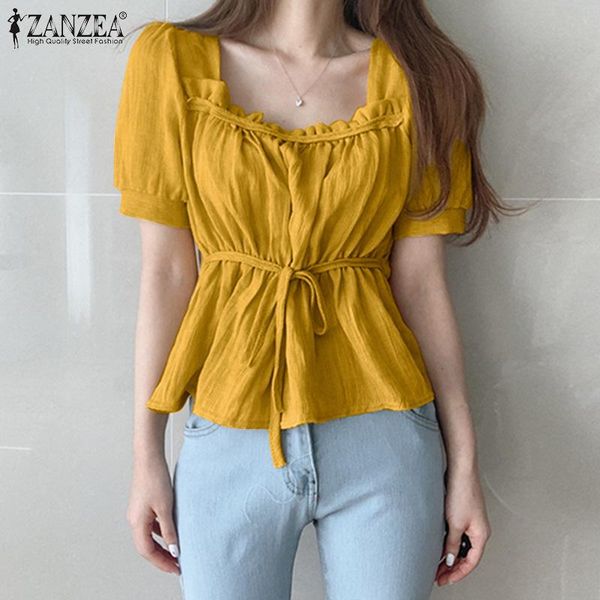 women's blouses & shirts 2021 summer solid short sleeve tunic womens elegant ruffle pullovers casual korean pleated drawstring zanzea f, White
women's blouses & shirts 2021 summer solid short sleeve tunic womens elegant ruffle pullovers casual korean pleated drawstring zanzea f, White