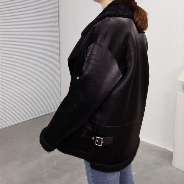 women's fur & faux 2021 leather jacket double faced women wool coat winter thick warm motorcycle coats outwear autumn, Black
women's fur & faux 2021 leather jacket double faced women wool coat winter thick warm motorcycle coats outwear autumn, Black