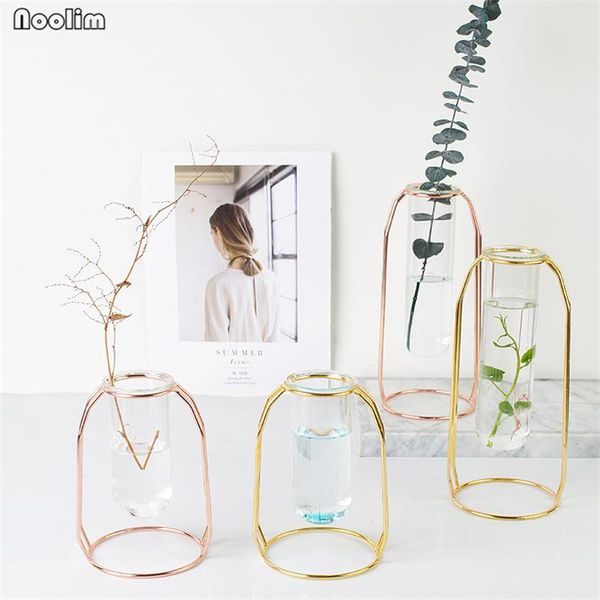 vases noolim luxury 1set nordic style glass iron art vase rose gold geometric shape flowerpot home wedding decoration accessories