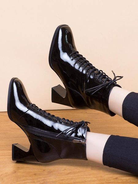 boots spring 2021 patent leather high heels short women's middle bright thick and, Black
boots spring 2021 patent leather high heels short women's middle bright thick and, Black