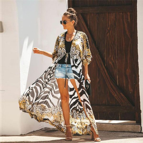 women's swimwear 2021 summer women beach cover up chiffon blouse leopard print long cardigan sarong, White;black
women's swimwear 2021 summer women beach cover up chiffon blouse leopard print long cardigan sarong, White;black