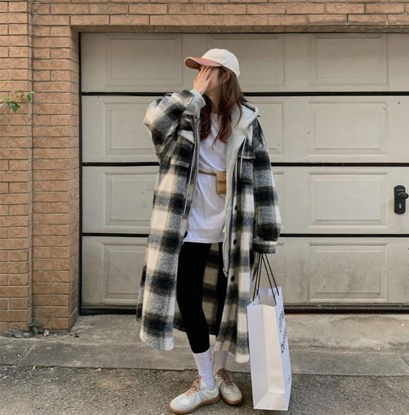 women's wool & blends elegant thicken warm loose women plaid x-long woolen hooded coats winter full sleeve single breasted blend jacket, Black
women's wool & blends elegant thicken warm loose women plaid x-long woolen hooded coats winter full sleeve single breasted blend jacket, Black
