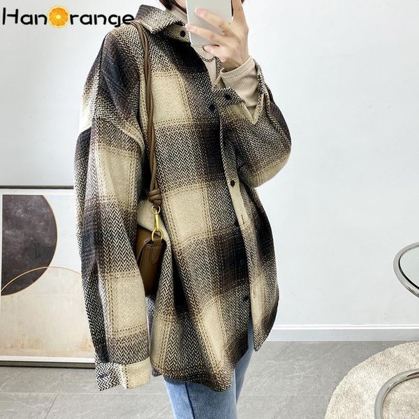 retro loose herringbone plaid woolen women shirts korean autumn winter female black / orange coffee turn-down collar women's blouses, White
retro loose herringbone plaid woolen women shirts korean autumn winter female black / orange coffee turn-down collar women's blouses, White