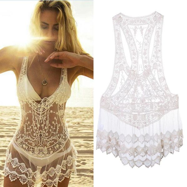 women's swimwear ladies white sleeveless lace v neck transparent bikini cover ups see through bathing suit beach dress, White;black
women's swimwear ladies white sleeveless lace v neck transparent bikini cover ups see through bathing suit beach dress, White;black