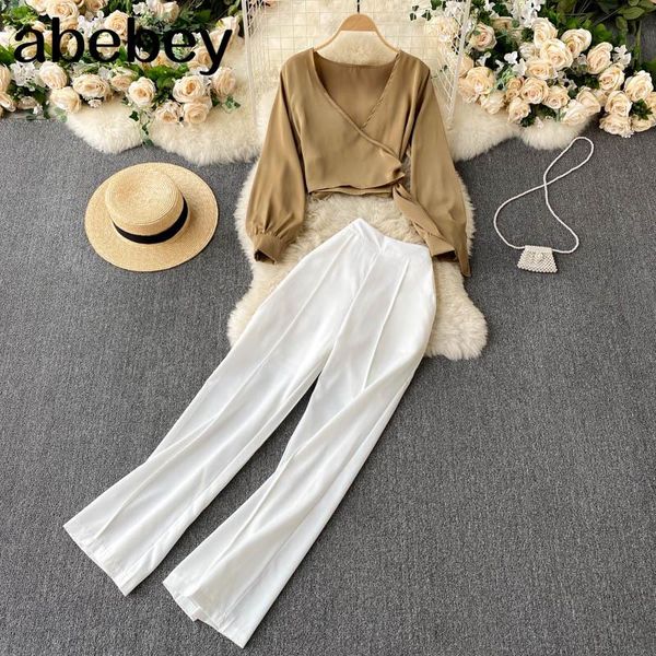 women summer korean fashion v neck casual long sleeve blouses+high waist pants two piece set women's, White
women summer korean fashion v neck casual long sleeve blouses+high waist pants two piece set women's, White