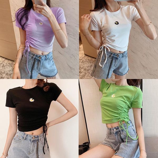 women's t-shirt cotton round neck drawstring short sleeve summer daisy embroidery high waist slim fit, White
women's t-shirt cotton round neck drawstring short sleeve summer daisy embroidery high waist slim fit, White