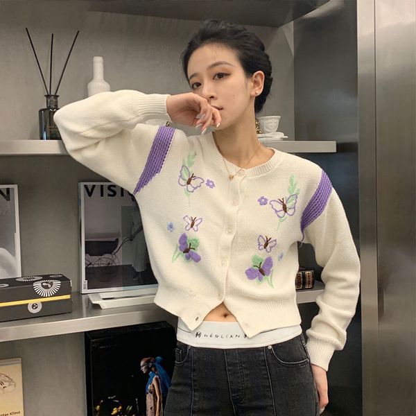 women's jackets women knitted cardigan crop 2021 autumn winter butterfly embroidery white round neck short sweater coat, Black;brown
women's jackets women knitted cardigan crop 2021 autumn winter butterfly embroidery white round neck short sweater coat, Black;brown
