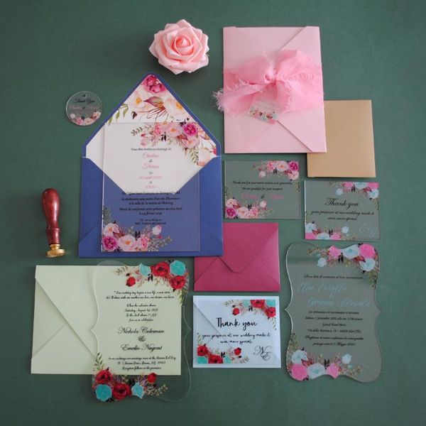 greeting cards clear acrylic wedding invitation with beautiful flower design,custom wax stamp,foil print logo envelope,small tag ribbon
greeting cards clear acrylic wedding invitation with beautiful flower design,custom wax stamp,foil print logo envelope,small tag ribbon
