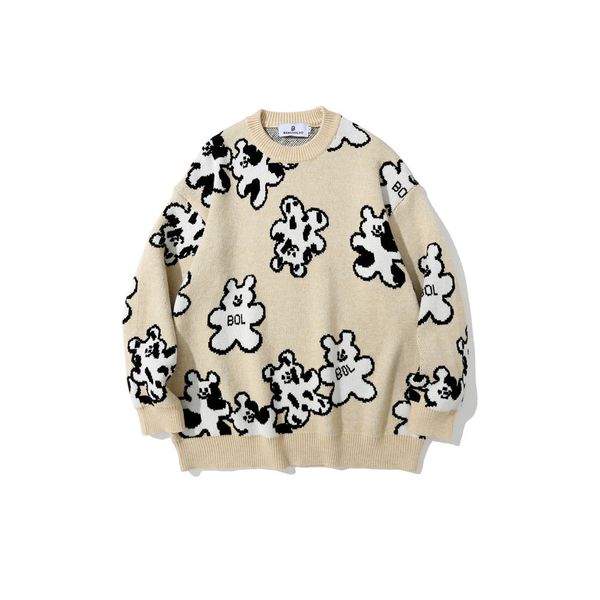 sweater knit cartoon rabbit jacquard crew neck men's street fashion brand loose long sleeve bf lazy style pullover, White;black
sweater knit cartoon rabbit jacquard crew neck men's street fashion brand loose long sleeve bf lazy style pullover, White;black
