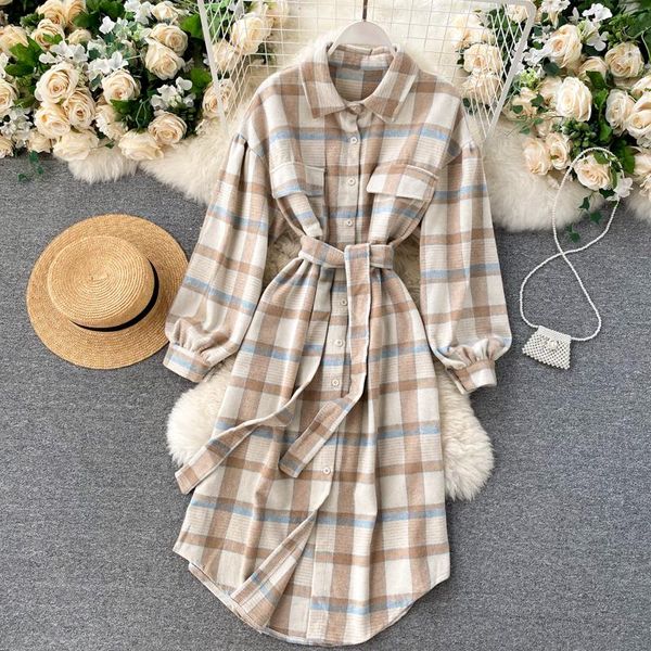 casual dresses retro korean style plaids long shirt dress autumn winter belted adjustable waist woolen, Black;gray
casual dresses retro korean style plaids long shirt dress autumn winter belted adjustable waist woolen, Black;gray