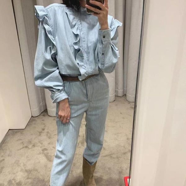 woman washed denim light blue jumpsuit ruffled neck long sleeves buttoned cuffs with poockets fashion pants women's jumpsuits & rompers, Black;white 
woman washed denim light blue jumpsuit ruffled neck long sleeves buttoned cuffs with poockets fashion pants women's jumpsuits & rompers, Black;white