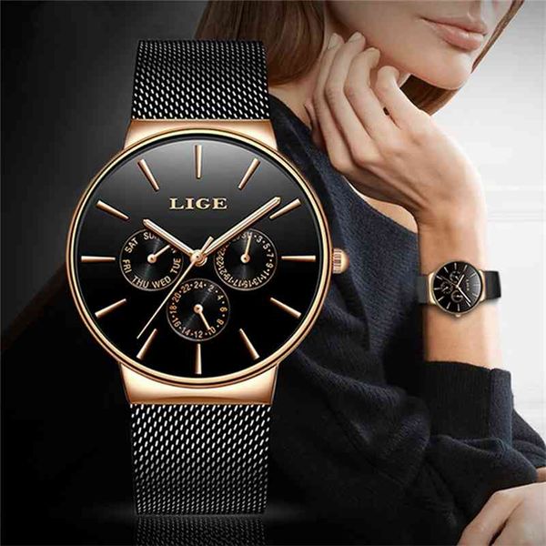 watches women super slim mesh stainless steel lige brand luxury casual quartz clock ladies wristwatch relogio feminino 210517, Slivery;brown