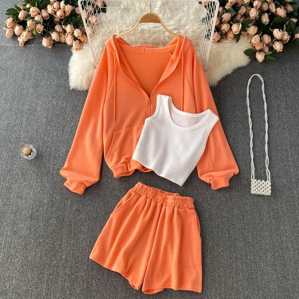 women's tracksuits casual orange/black/gray women three pieces set elegant hooded zip sweatshirt + camis wide leg short tracksuit autu
women's tracksuits casual orange/black/gray women three pieces set elegant hooded zip sweatshirt + camis wide leg short tracksuit autu