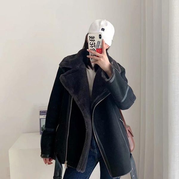 women's leather & faux 2021 winter women jacket fur splicing coat moto bike thickness overcoat snow warm outwear with belt, Black
women's leather & faux 2021 winter women jacket fur splicing coat moto bike thickness overcoat snow warm outwear with belt, Black
