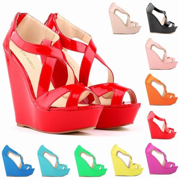 european summer women sandals candy color round toe pu 14cm wedges high heels slip on zip sandal for shoes size 35-42, Black
european summer women sandals candy color round toe pu 14cm wedges high heels slip on zip sandal for shoes size 35-42, Black