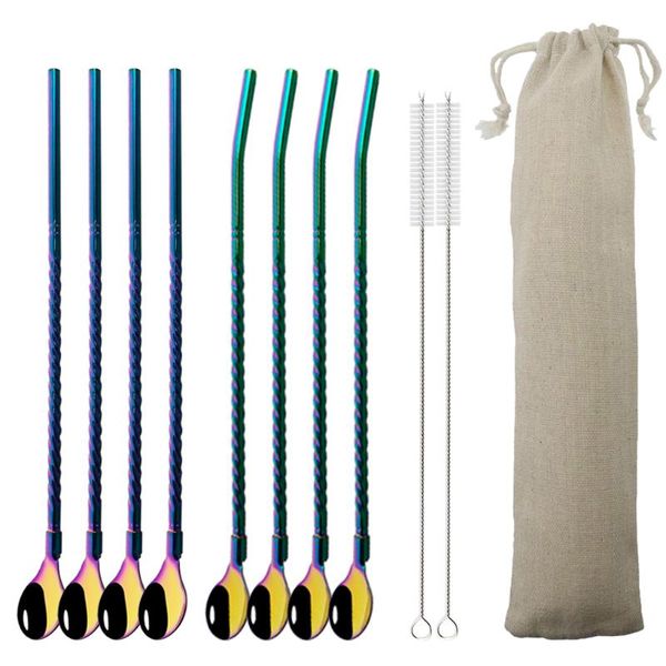 8pcs 18/10 stainless steel straw tea scoop colorful reusable long handle spoon bar coffee stirring drinking with bag straws