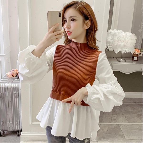 korean fashion knit stitching women shirts false two pieces lantern sleeve kawaii ladies high neck peplum ruffle blouse, White
korean fashion knit stitching women shirts false two pieces lantern sleeve kawaii ladies high neck peplum ruffle blouse, White