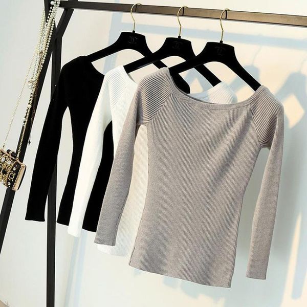 women's sweaters 2021 summer autumn basic for women slash neck long sleeve female pullovers grey black white high stretch knitting, White;black
women's sweaters 2021 summer autumn basic for women slash neck long sleeve female pullovers grey black white high stretch knitting, White;black