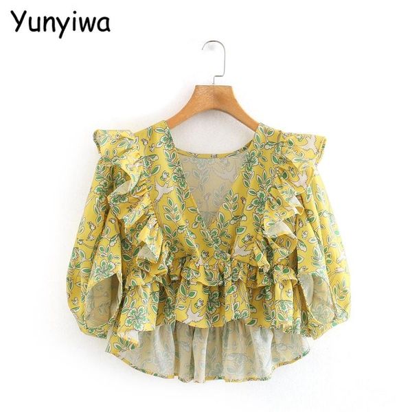 women's blouses & shirts women yellow floral print ruffle crop v-neck female casual summer 2w218, White
women's blouses & shirts women yellow floral print ruffle crop v-neck female casual summer 2w218, White