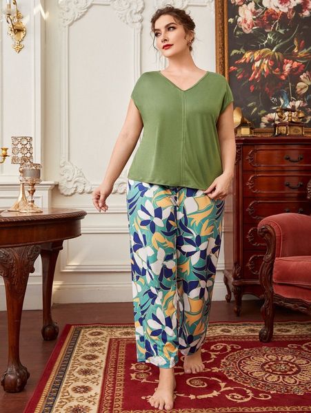 plus floral print pj set 24vv#, Black;white