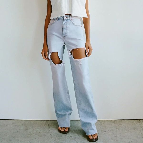 za spring autumn ripped jean women full-length trouser high waist straight pants solid female fashion zipper trousers 210422, Blue
za spring autumn ripped jean women full-length trouser high waist straight pants solid female fashion zipper trousers 210422, Blue