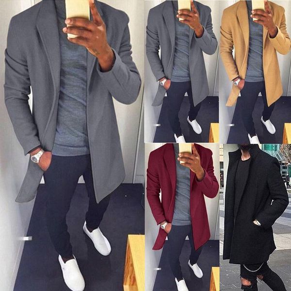 autumn winter men casual coat thicken woolen trench business male solid classic overcoat medium long jackets men's, Black;brown